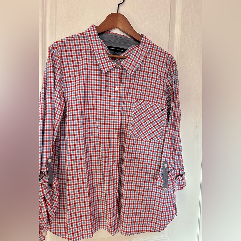 Tommy Hilfiger Red and White Checkered Women’s Shirt SZ. XXL